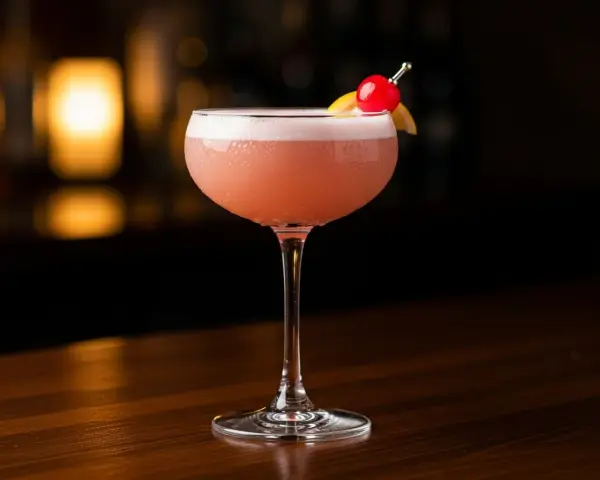 En rosa drink, en Pink Lady, med skum och garnering av körsbär och citronklyfta, står på en träyta.