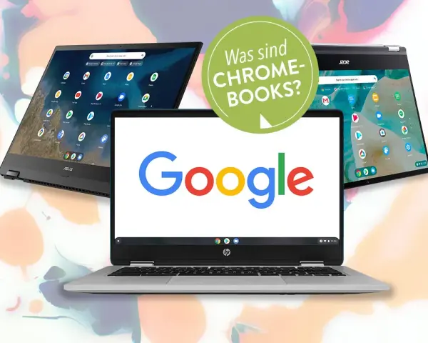 Drei Chromebooks, eines mit Google-Logo, zeigen, was sind Chromebooks? Ideal für den schnellen Zugriff auf Apps und das Web.