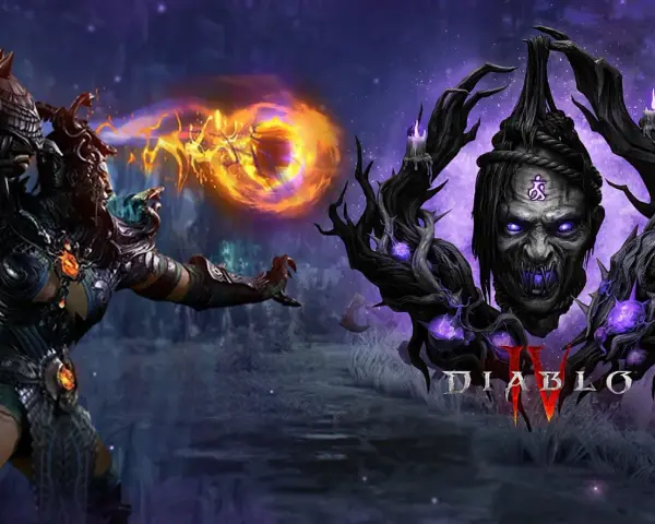 Postać z Diablo 4 nowy sezon rzuca ognistą kulę. W tle złowroga twarz i logo gry.