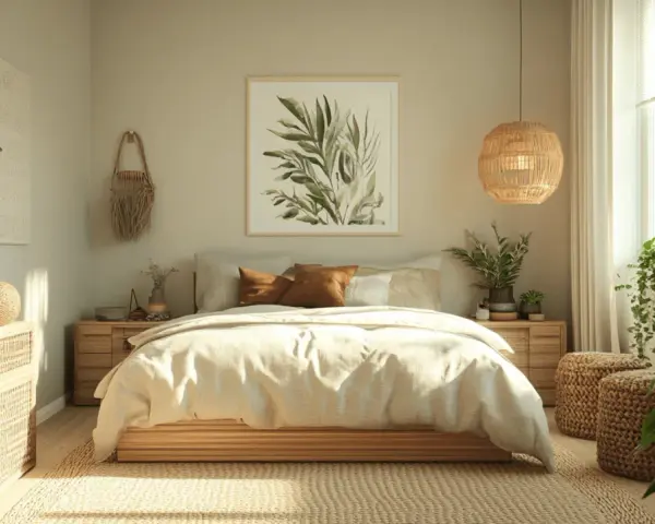 Helles, natürliches Schlafzimmer im Boho-Stil. Die sanften Erdtöne und Pflanzen schaffen eine harmonische feng shui schlafzimmer farbe Atmosphäre.