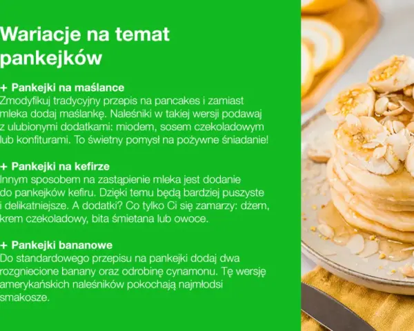 Stos prostych pankejków z bananami i migdałami, polane miodem. Idealne na śniadanie.
