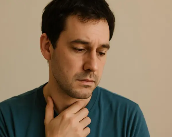 Uomo pensieroso, con mano sul collo, sembra voler evitare lo sguardo, significato di introspezione o disagio.