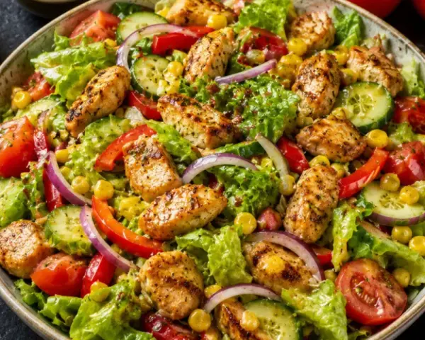 Pyszna sałatka z mix sałat, grillowanym kurczakiem, pomidorami, ogórkiem, papryką i kukurydzą. Idealna na lekki posiłek.