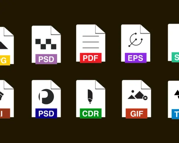 Ikony plików: JPG, PSD, PDF, EPS, SVG, AI, CDR, GIF, TIFF. Wybierz odpowiedni format do druku dla swoich projektów graficznych.