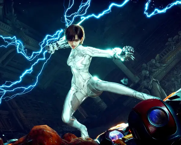 Una guerrera con traje blanco desata rayos azules en una pose de combate, lista para la acción en Stellar Blade 2.