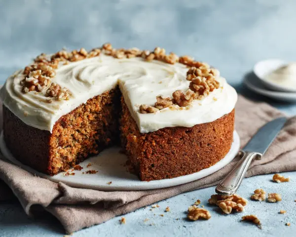 En saftig morotskaka med krämig frosting och valnötter, perfekt för ett gott morotskaka recept.