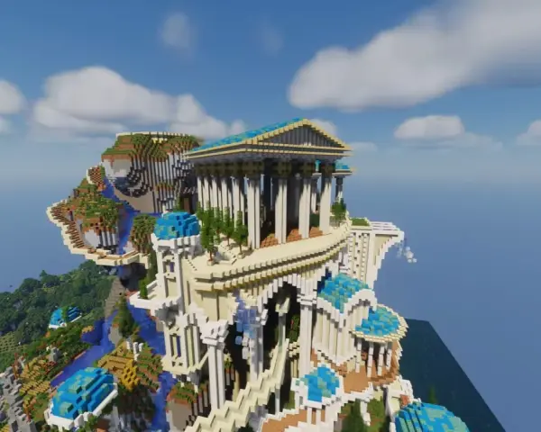 Majestatyczne budowle Minecraft na klifie, przypominające starożytną świątynię z niebieskimi kopułami i wodospadami.