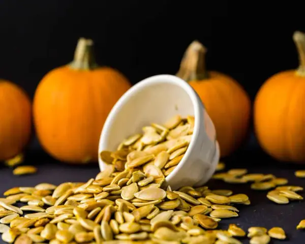 Semi di zucca freschi versati da una ciotola, con zucche arancioni sullo sfondo. Perfetti per essere piantati.