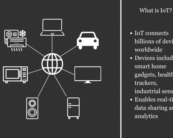 Diagram illustrating top IoT trends, showing a globe connected to devices like a car, laptop, TV, microwave, speaker, fridge, and AC unit.