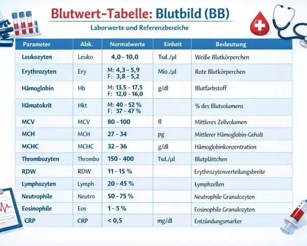 Blutbild-Tabelle: Erythrozyten wert (rote Blutkörperchen) mit Normalwerten und Bedeutung. Laborwerte für ein Blutbild.
