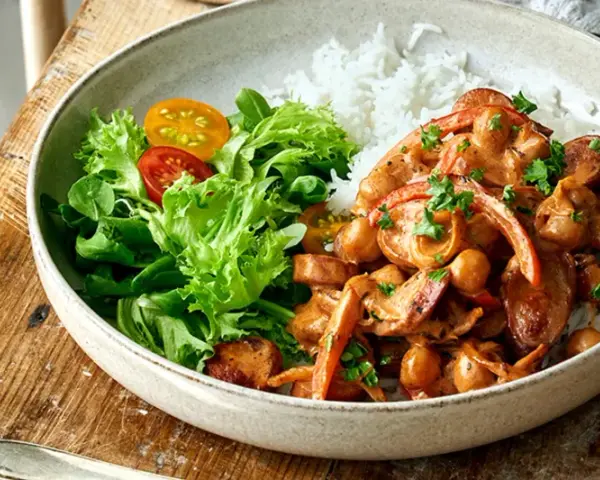 En krämig kycklinggryta med kikärtor och paprika serveras med ris och en fräsch sallad. Perfekt som nyårsmeny barn.