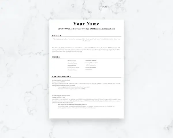 Proste CV wzór z sekcjami: Profil, Umiejętności i Historia zatrudnienia. Idealne do zaprezentowania Twoich kwalifikacji.