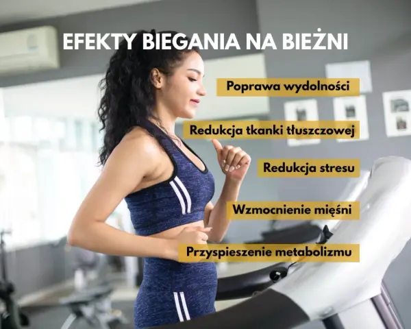 Kobieta ćwiczy na bieżni, czerpiąc korzyści z treningu: poprawa wydolności, redukcja tkanki tłuszczowej i stresu, wzmocnienie mięśni, przyspieszenie metabolizmu.