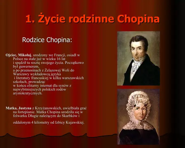 Portrety rodziców Chopina: ojca Mikołaja, francuskiego guwernera, i matki Justyny, pianistki. W tle tekst o ich życiu, wspominający lato w Nohant.