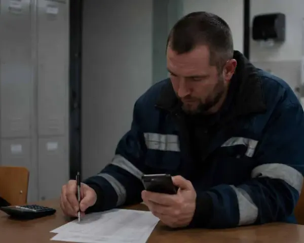 Pracownik w roboczym ubraniu sprawdza telefon, notując coś na papierze. Może to być jego dodatek nocny 2025.