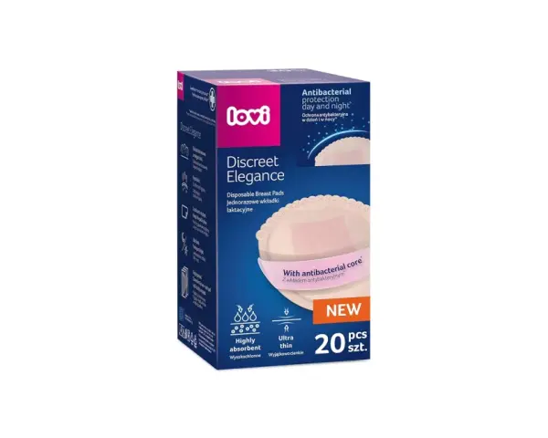 Opakowanie wkładek laktacyjnych Lovi Discreet Elegance, 20 sztuk, z antybakteryjnym wkładem, wysoce chłonne i cienkie.