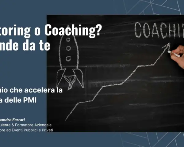 Il mentoring aziendale e il coaching accelerano la crescita delle PMI. Una lavagna con razzo e grafico in salita.