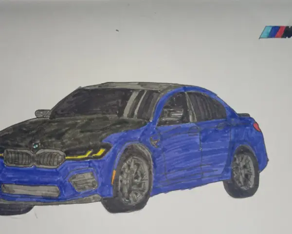 Rysunek przedstawia niebieskie auto BMW M5. Oto jak narysować auto BMW M5 krok po kroku.