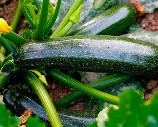 Mörka, glänsande zucchinis växer frodigt i jorden. En gul blomma syns till vänster. En härlig skörd att odla zucchini!