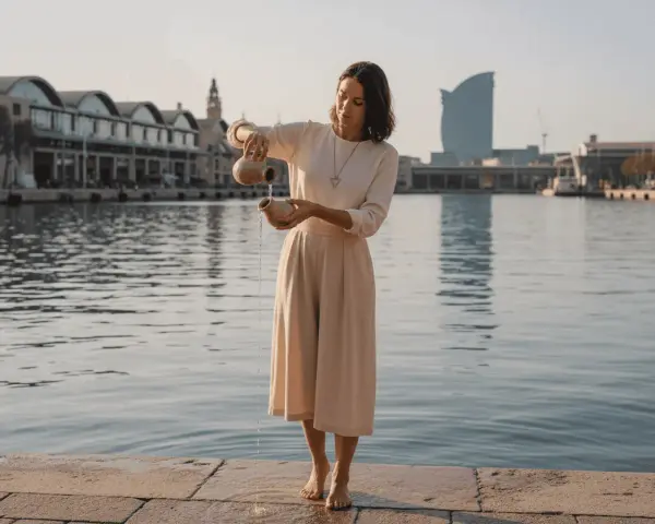 Mujer con vasijas vertiendo agua, evoca la templanza y la torre del tarot.