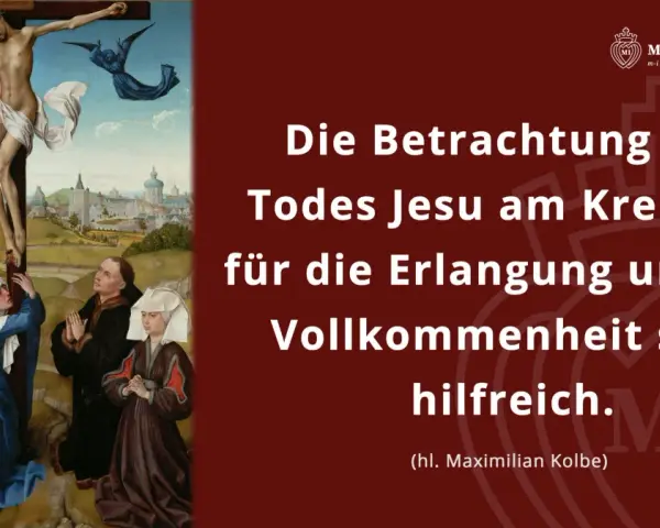 Jesus am Kreuz, umgeben von Engeln und betenden Menschen. Die Szene symbolisiert Erlösung und Vollkommenheit.