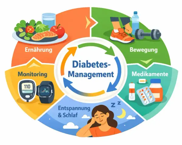Kreislauf für Diabetes-Management: Ernährung, Bewegung, Medikamente, Entspannung & Schlaf, Monitoring.