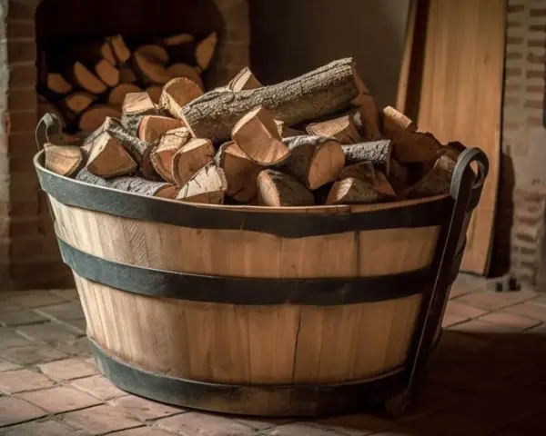 Un seau en bois rempli de bûches de bois de chauffage devant une cheminée.