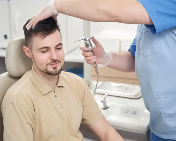 Lekarz bada ucho pacjenta, który skarży się na ciśnienie w uszach.