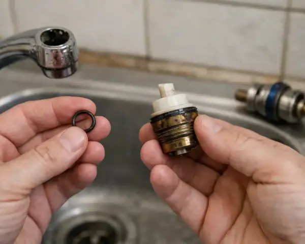 Mains pour remplacer joint robinet ancien. Une bague d'étanchéité noire est tenue dans une main, à côté d'une cartouche de robinet démontée.