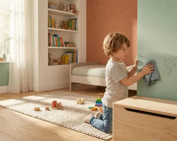 Niño limpiando huellas de manos en una pared con pintura pizarra. Juguetes y cama infantil en la habitación.