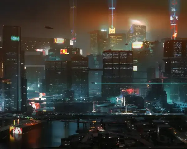 Noche futurista en Night City, con rascacielos iluminados y vehículos voladores. ¿Cuánto dura Cyberpunk 2077? La aventura te espera.