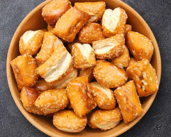 Schüssel voller knuspriger Pretzel Bites, perfekt für ein schnelles pretzel bites rezept.