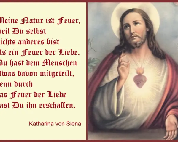 Bild zum Herz Jesu Freitag: Jesus mit strahlendem Herzen, zitiert Katharina von Siena über das Feuer der Liebe.