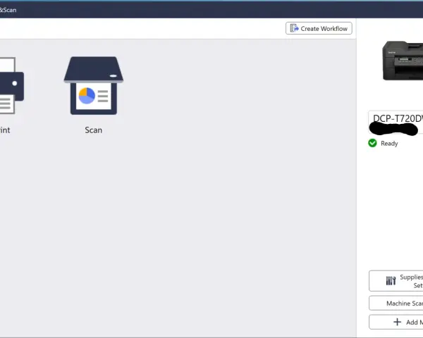 Ekran główny aplikacji Brother iPrint&Scan. Widzimy ikony drukowania i skanowania, przycisk "Create Workflow" oraz panel z informacją o drukarce DCP-T720DW. To dobry punkt wyjścia, by dowiedzieć się, jak zainstalować drukarkę Brother.