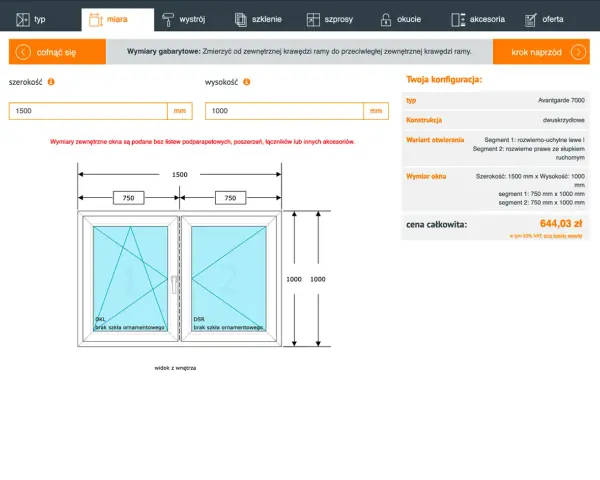 Schemat dwuskrzydłowego okna PCV z wymiarami 1500x1000 mm i ceną 644,03 zł.