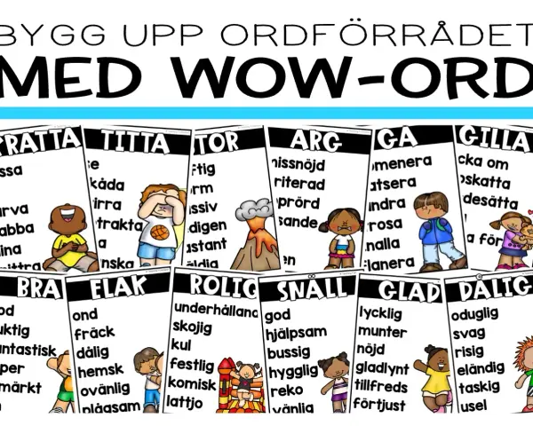 En färgstark plansch med rubriken "Bygg upp ordförrådet med WOW-ord". Flera ordkategorier visas med illustrationer, en beskrivande text om en plats.