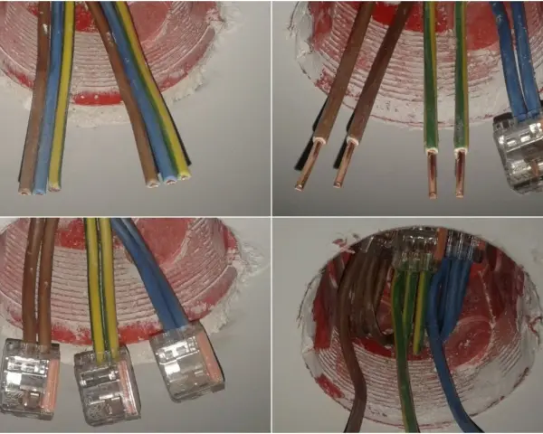 Cztery zbliżenia na instalację elektryczną: przewody w puszce, połączone złączkami.