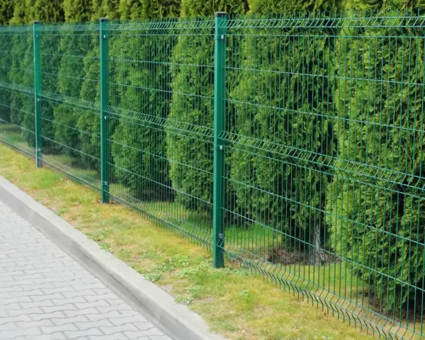 Zielone, metalowe ogrodzenie panelowe, jeden z popularnych rodzajów ogrodzeń, oddziela chodnik od gęstego żywopłotu.