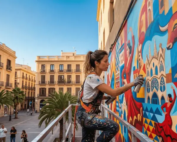 Artista crea mural vibrante con toros y bailarinas, un ejemplo de hiperrealismo pintura en plena calle.