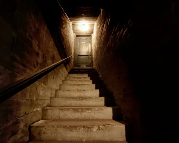 Escaleras de hormigón que bajan hacia una puerta en un sótano oscuro con una luz tenue.