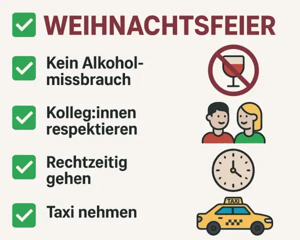 Checkliste für eine Weihnachtsfeier: Kein Alkoholmissbrauch, Respekt, pünktlich gehen, Taxi nehmen. Beachten Sie das Jugendschutzgesetz bei Alkohol auf privaten Feiern.