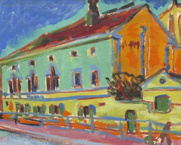 Une maison aux couleurs vives, typique de l'expressionnisme allemand, avec un ciel bleu intense et des touches de rouge, jaune et vert.