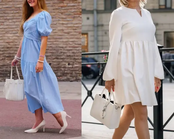 Eleganckie stylizacje na chrzciny: błękitna sukienka z bufkami i biała sukienka z długim rękawem.