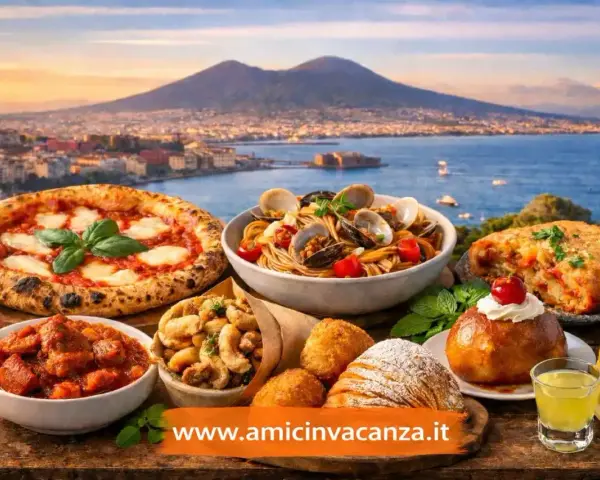 Un banchetto di piatti tipici napoletani: pizza, spaghetti alle vongole, ragù, fritture e dolci, con il Vesuvio sullo sfondo.