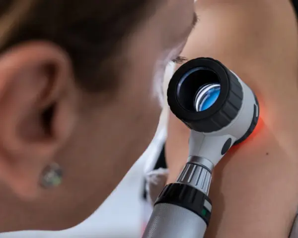 Dermatolog bada pieprzyk za pomocą dermatoskopu.