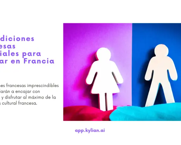 Figuras humanas blancas sobre fondos de colores vibrantes, representando 10 tradiciones francesas para integrarse.