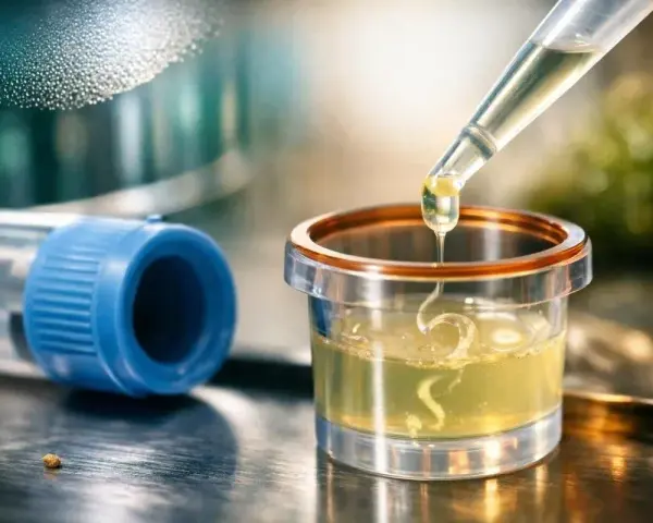Kropla płynu z pipety wpada do naczynia laboratoryjnego z żółtym płynem.