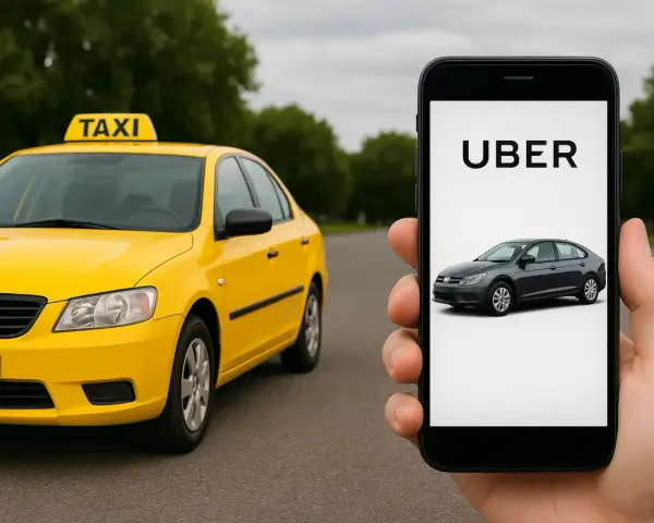 Żółta taksówka i smartfon z aplikacją Uber. Rozważasz koszty firmy jednoosobowej taxi?