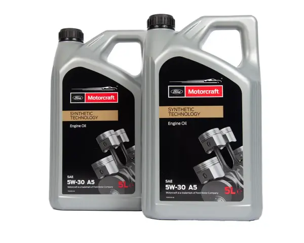 Dwa litrowe kanistry oleju silnikowego Motorcraft 5W-30 A5. 5W-30 co oznacza? To lepkość oleju, kluczowa dla ochrony silnika.
