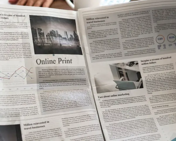 Manos sostienen un periódico con artículos sobre marketing y finanzas, impreso en gramaje papel normal.